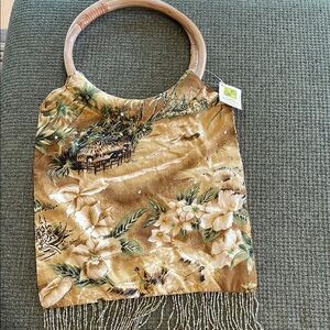 Linens-n-Things Tropical Floral Beaded Fringe Tote Bag with Wooden Handles